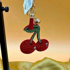 NWT Red Cherry Bag Charm or Keychain Ring Stainless Steel Flat Gem Cherries…